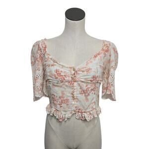 Saylor Janiya Top in Pink Floral Multi‎ Size Large Cottagecore Eyelet Ruffle